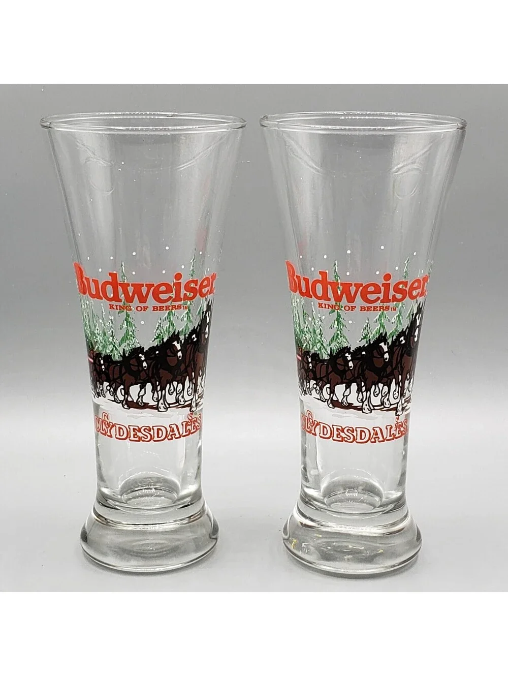 Vintage Budweiser Clydesdales Beer Pilsner Glasses QTY 2 Winter Scene 1988